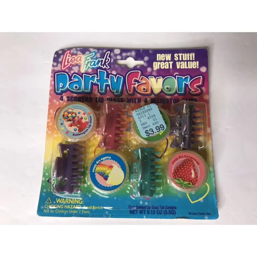 Lisa Frank Party Favor 4 Scented Lip‎ Gloss W/ 4 Alligator Clip NEW Old Stock